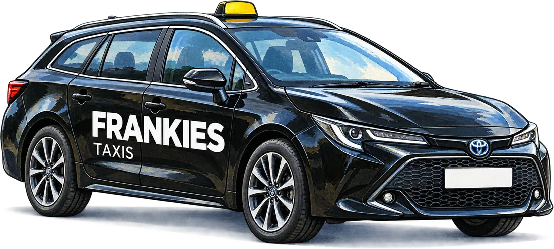 A black Frankies Taxis Toyota Corolla