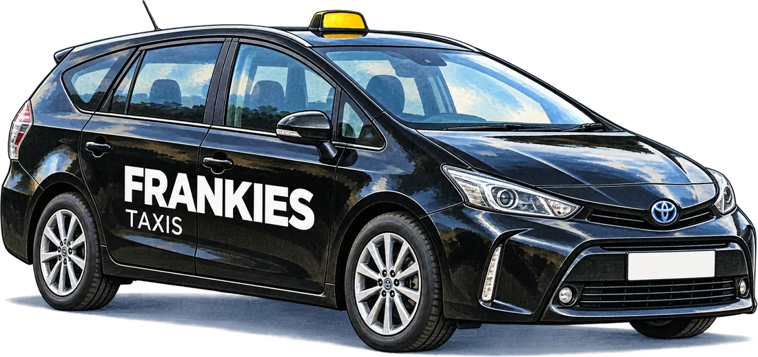 A black Frankies Taxis Toyota Prius+
