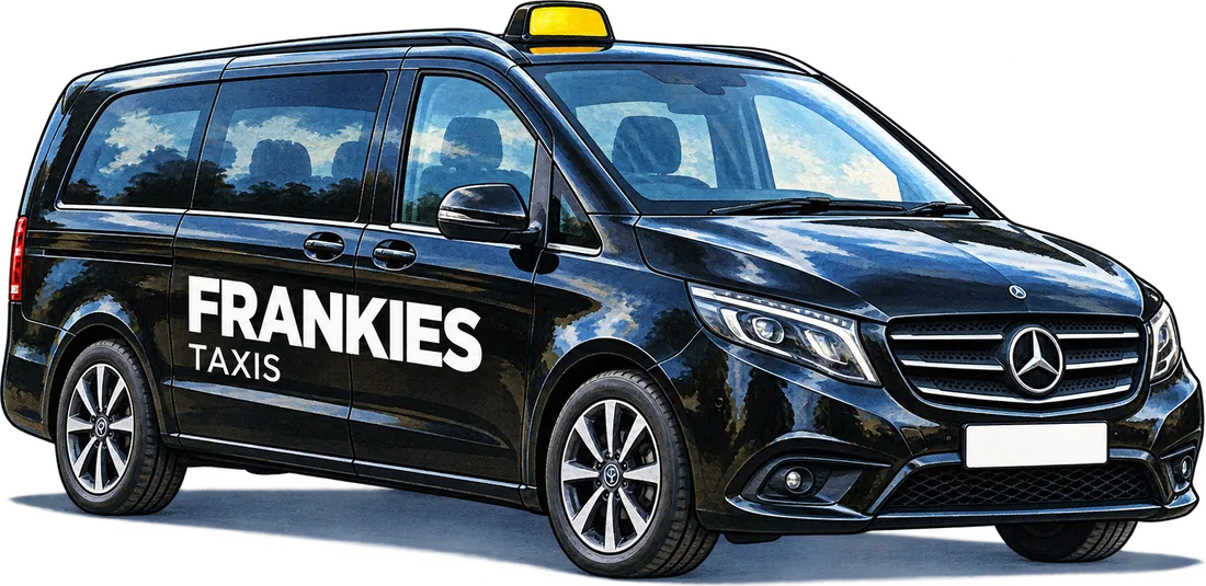 A black Frankies Taxis Mercedes Vito eight-seater