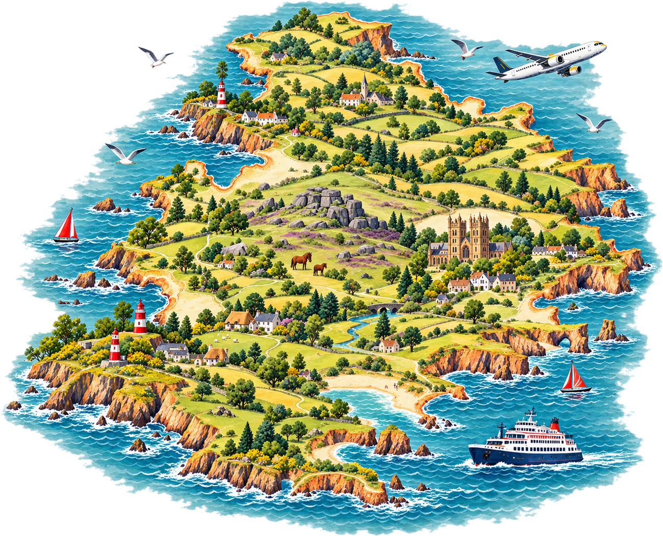 Illustrated Devon map with Exeter marked, a plane and a passenger ferry