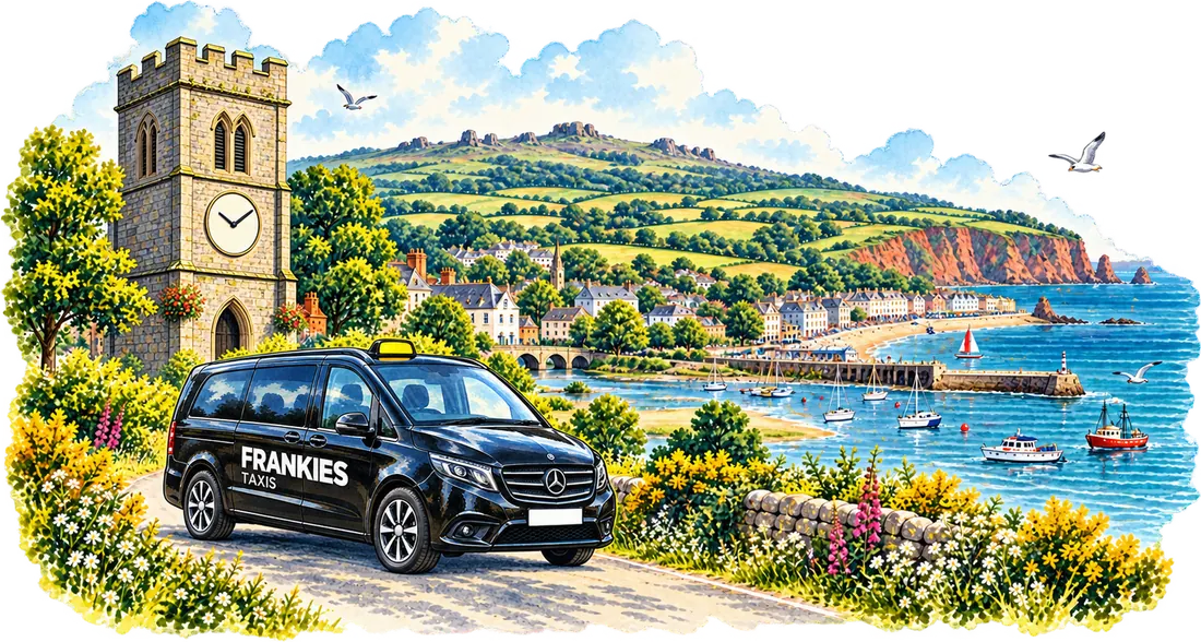 A Frankies Taxis Vito by the Newton Abbot clock tower with the Teignbridge coast behind